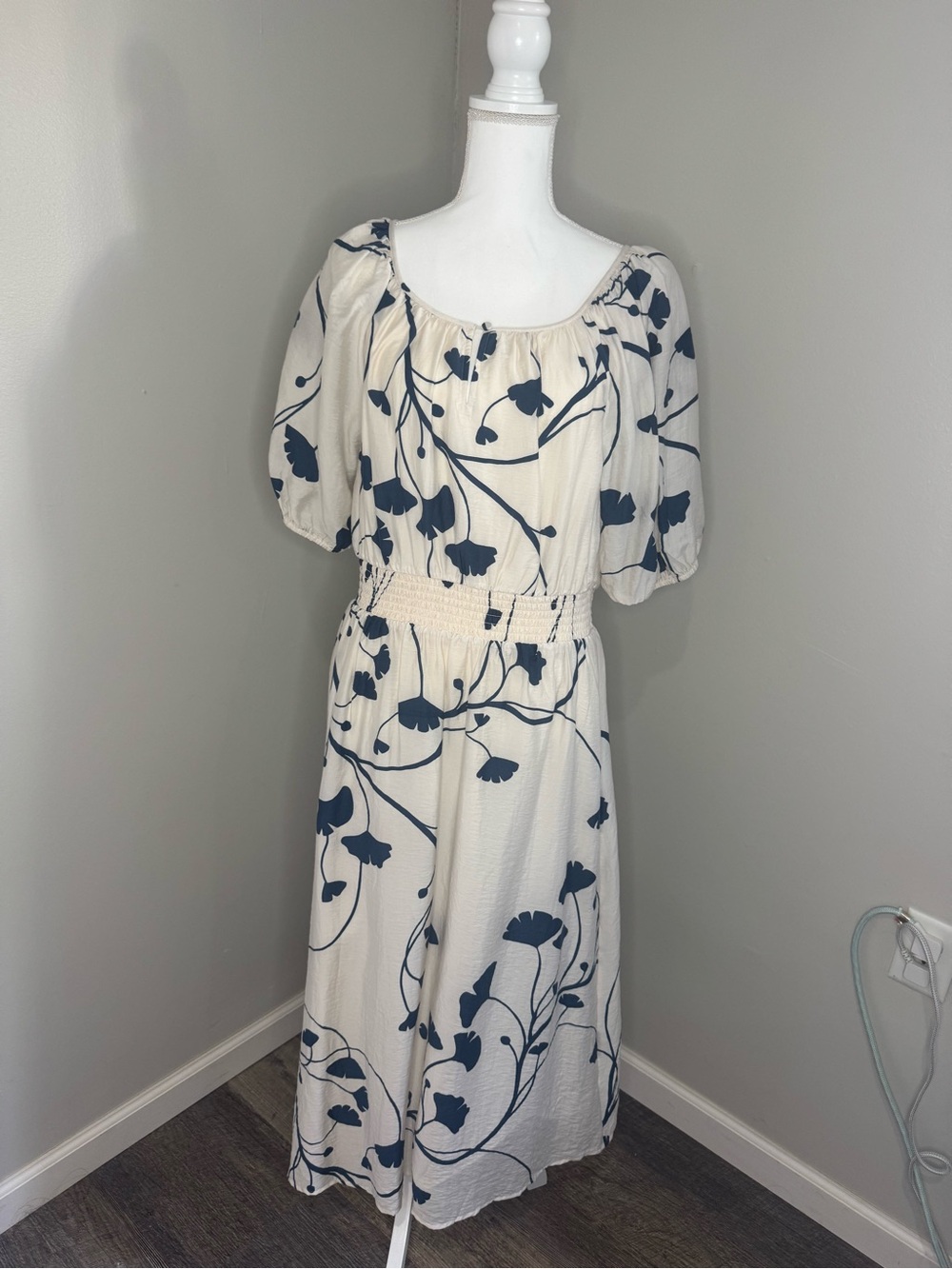 Ann Taylor Factory Cream Midi Dress with Navy Floral Print